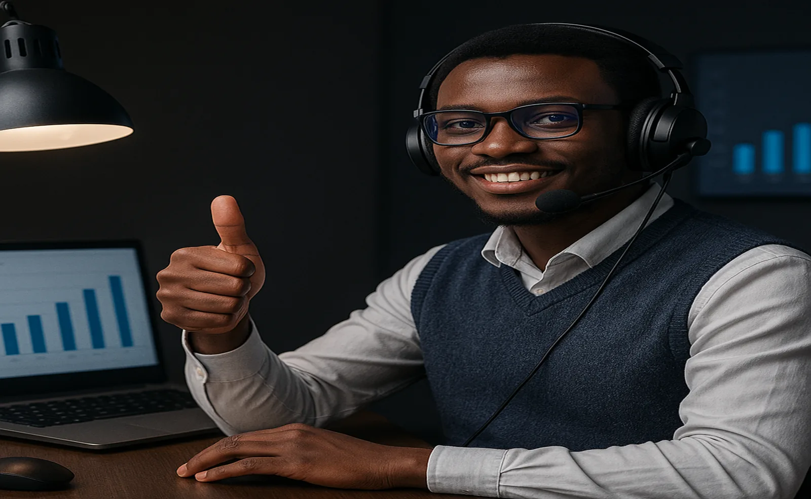 Conseiller CyNoLux au casque à l'écoute d'un client