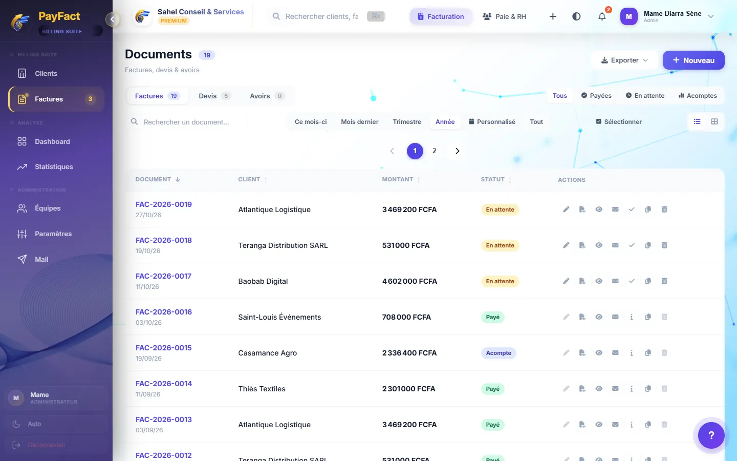 Liste des factures de PayFact avec leur statut de paiement
