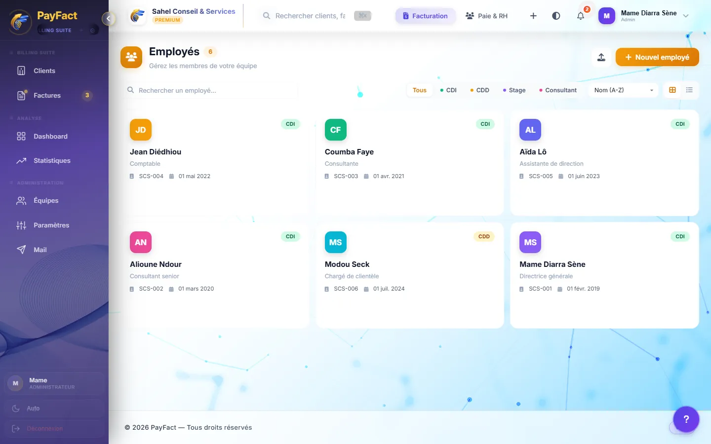 Liste des employés dans le module paie de PayFact