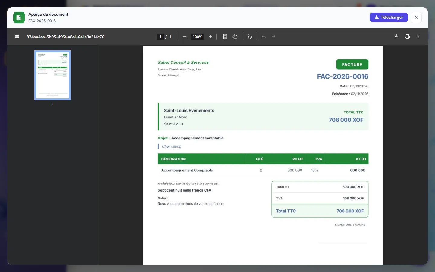 Aperçu PDF d'une facture générée par PayFact
